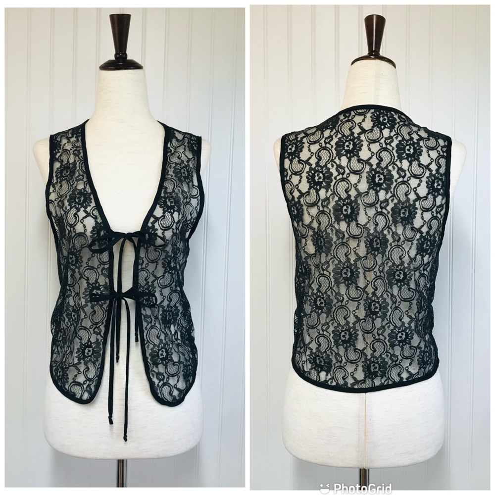 VINTAGE Sheer‎ Black Lace Tie Front Vest Top Small Goth Fairycore Grunge Y2K 90s - Picture 2 of 8